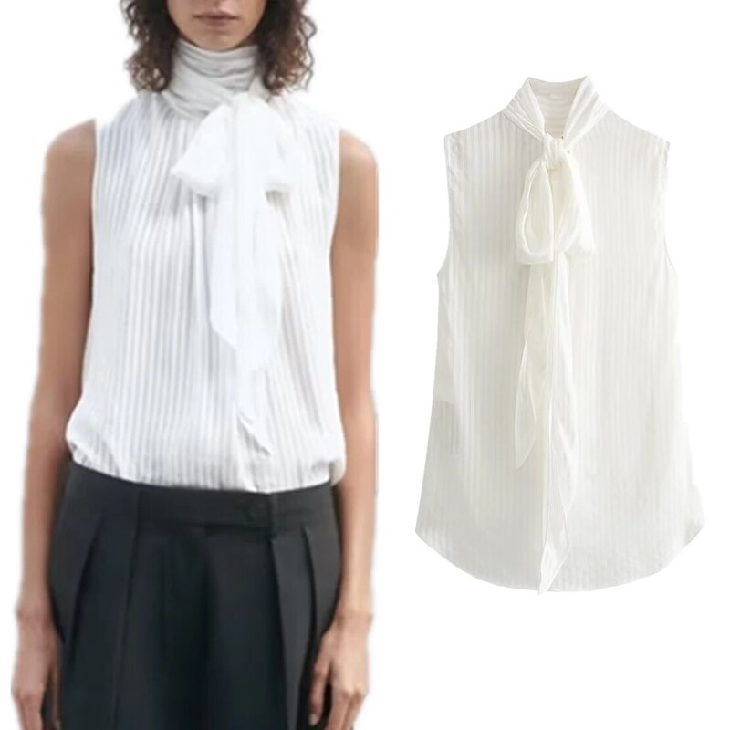 Dave&Di French Fashion Elegant White Bow  Blouse Tops Office Sleeveless Women's Casual Shirt Women