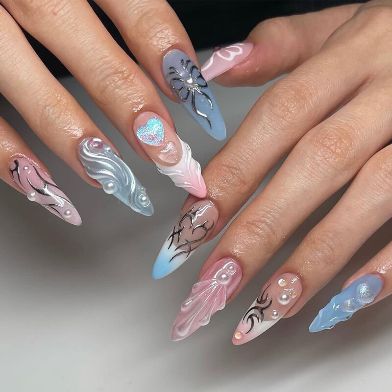 3D Butterfly Flower Water Ripple Almond Shape Wearable False Nails Detachable French Finished Fake Nails Press on Nail with Glue