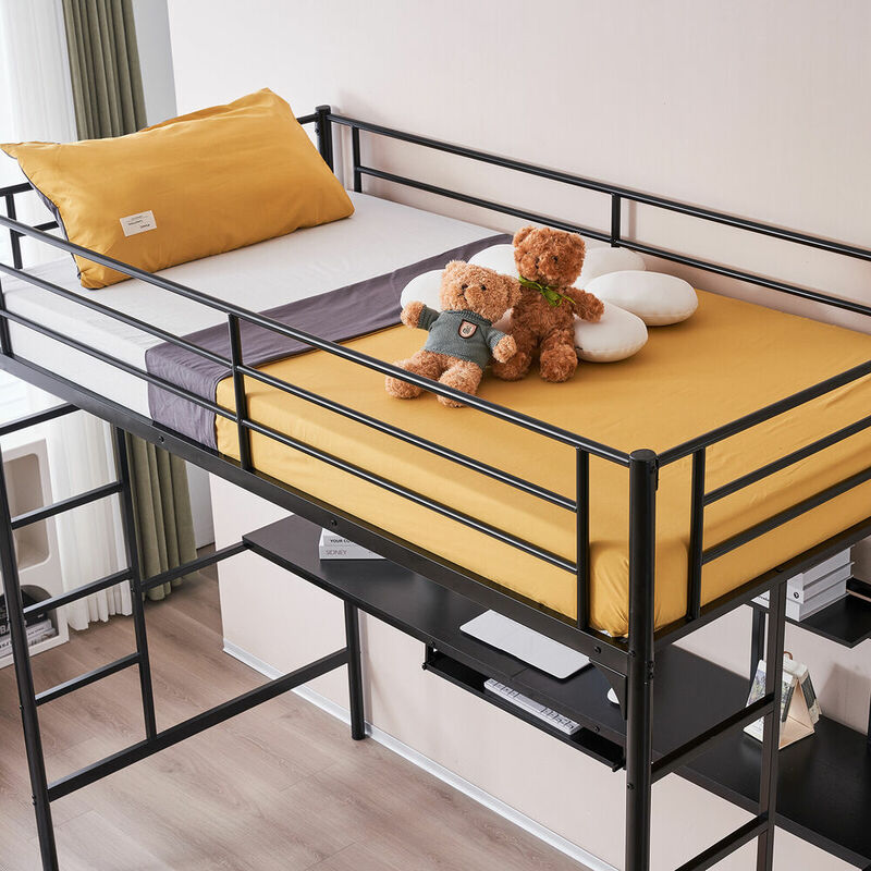 Heavy-duty Twin Metal Loft Bed Frame with Desk and 2 Shelf 2 Ladders for Teens