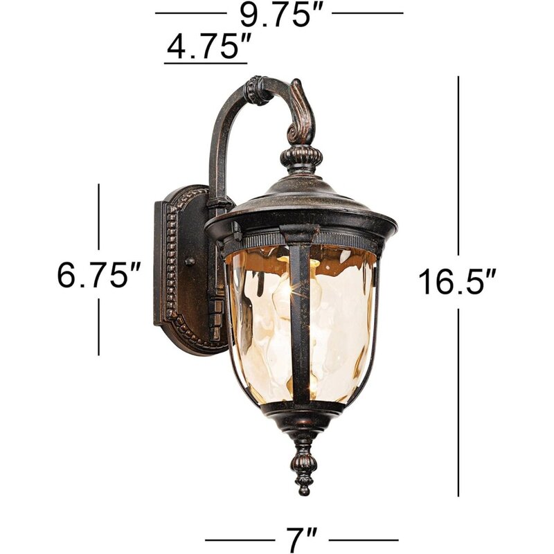 Lámpara de pared para exteriores, candelabro de vidrio martillado de Metal de bronce de 16, 1/2 pulgadas