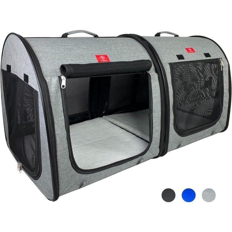 2-in-1 Double Pet Kennel/Shelter, Fabric, Black/Royal Blue 20x20x39 - Car Seat-Belt Fixture Included (Gray)