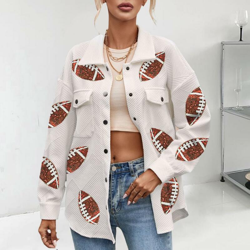Women Jacket Sequin Rugby Ball Pattern Women's Spring Coat with Turn-down Collar Patch Pockets Mid Length Loose Long Sleeve Lady