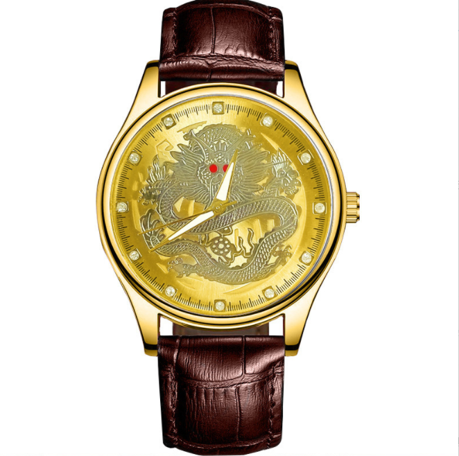 Qiartz-Relojes de pulsera clásicos para hombre, cronógrafo de esfera de dragón, Color dorado, analógico, sencillo, clásico, dorado