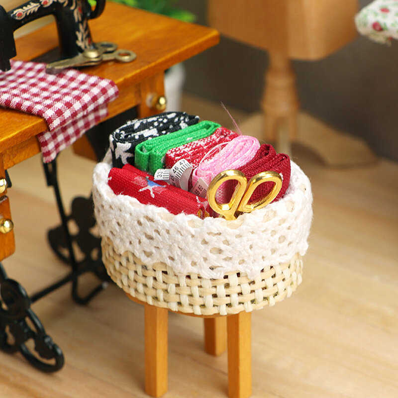 1:12 dollhouse miniatura de costura tecido tesoura fita métrica kit cesta cena estar decoração brinquedo mini ferramentas costura conjunto