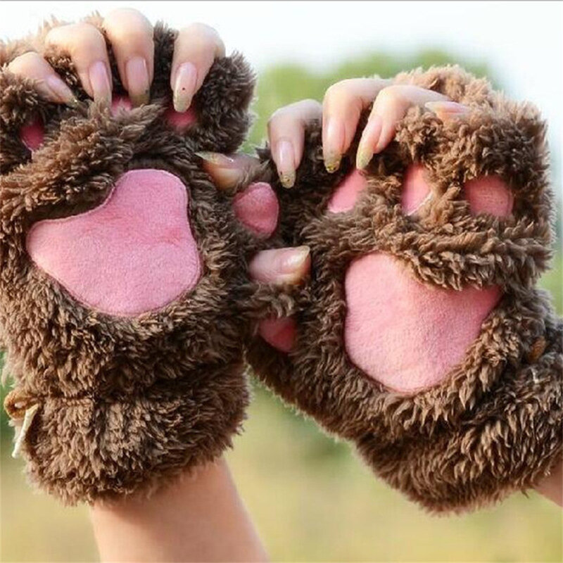 Зимние теплые перчатки для девочек, милые перчатки с открытыми пальцами и кошачьими лапами из искусственного плюша, медведя, ладони, перчатки для улицы
