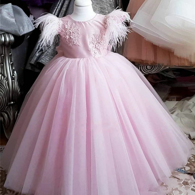 Robes de demoiselle d'honneur en plumes roses pour mariage, avec veste, ceinture perlée, robe de concours de première Communion