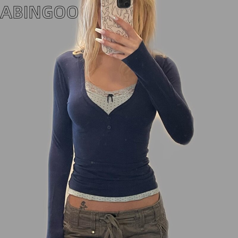 ABINGOO-Camiseta de emenda de renda Y2K feminina, blusa casual com 2 decote em v, mangas compridas, ajuste fino, ponto de onda, primavera, outono