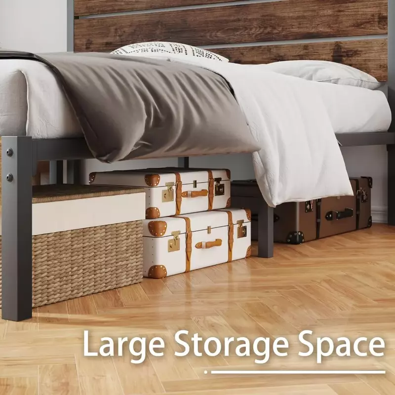 Rama łóżka typu queen-size z zagłówkiem i podnóżkiem, z miejscem do przechowywania pod łóżkami, całkowicie metalowym systemem wsparcia, rustykalna brązowa rama łóżka typu queen-size