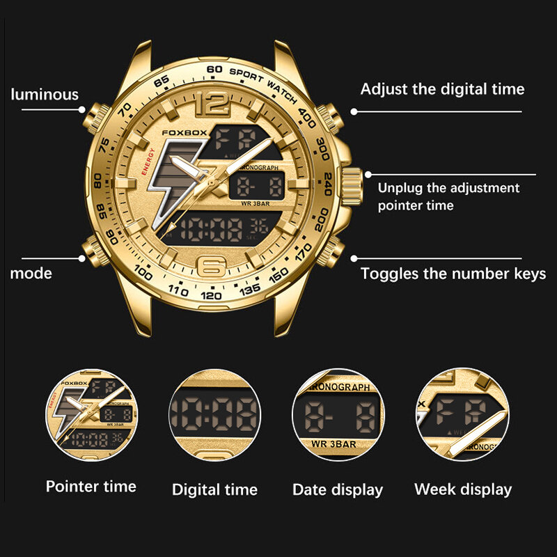 LIGE jam tangan FOXBOX pria, arloji bisnis tahan air bercahaya Display ganda konograf Alarm tali baja untuk lelaki