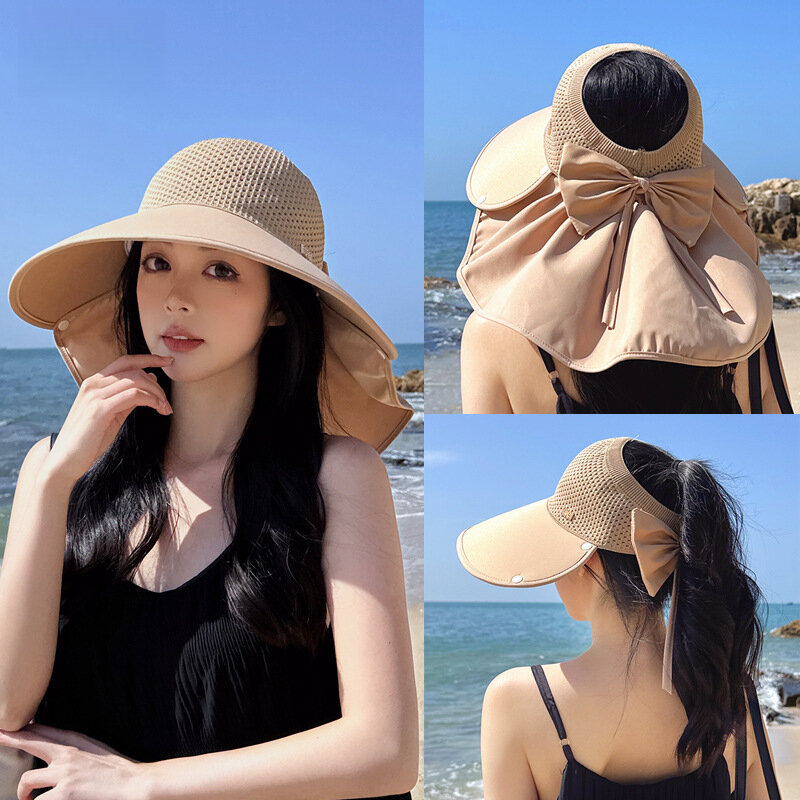 Sombrero de sol de verano para mujer, chal desmontable de malla y ala grande, parte superior abierta, playa de poliéster