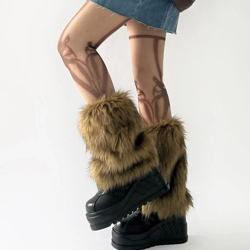 Vintage Faux Fur Leg Warmers Furry Boots Cover Socks Winter Thickened Plush Socks Hot Girl Jk Punk Hiphop Cosplay Accessories