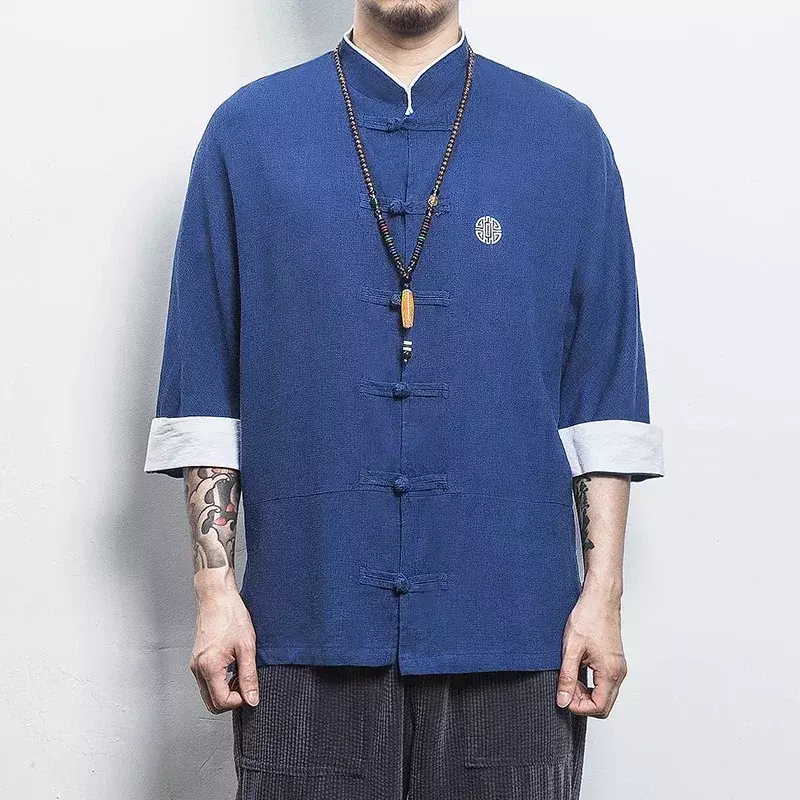 Roupa tradicional chinesa masculina bordado de guindaste, meia manga vintage, camisas de linho, colarinho artesanal, kungfu hanfu, verão