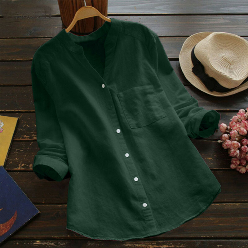 Blusa informal de lino y algodón con botones para mujer, camisa holgada de Color sólido con cuello en V, cómoda, novedad de verano