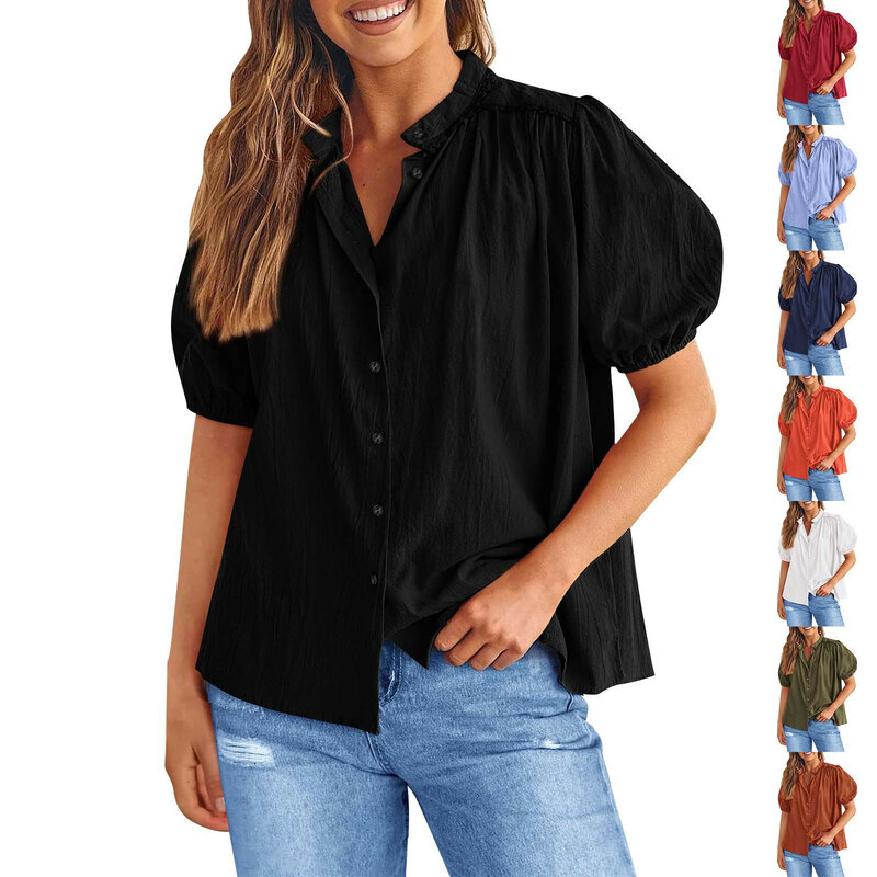 Chemise boutonnée à col en V pour femme, haut en coton, manches courtes, décontracté, formel, mode estivale