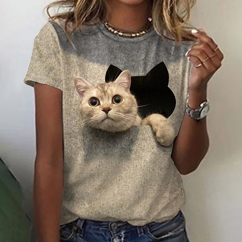 Camiseta con estampado de gato Kawaii en 3D para mujer, ropa holgada de gran tamaño, Harujuku de manga corta con animales, 2022