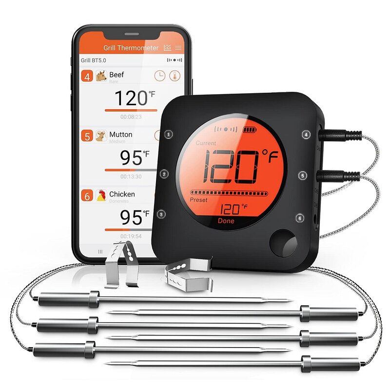 Jinutus termometer Digital memasak dapur, termometer makanan daging Bluetooth tanpa kabel dengan 6 probe untuk Oven pengasap BBQ