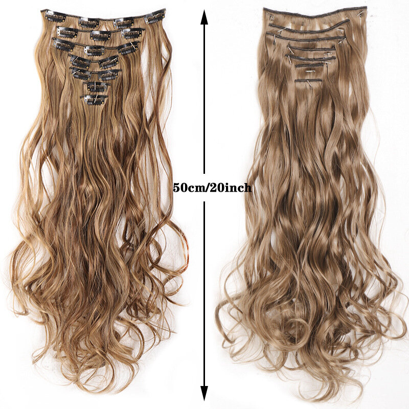 Siedmioczęściowy zestaw kręconych włosów do przedłużania Naturalna peruka syntetyczna z długimi falami, odpowiednia do codziennego użytku przez wszystkich dziewcząt
