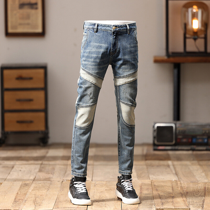 Celana Jeans pria desain pribadi jalanan Retro trendi jahitan, celana sepeda motor kurus Slim Fit 2024