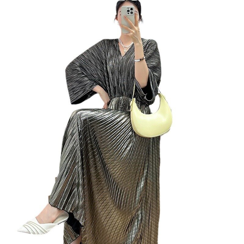 Miyake-女性のミッドレングスドレス,Vネック,3/4スリーブ,プリーツレース,単色,カジュアルウェア,夏,新製品,2022