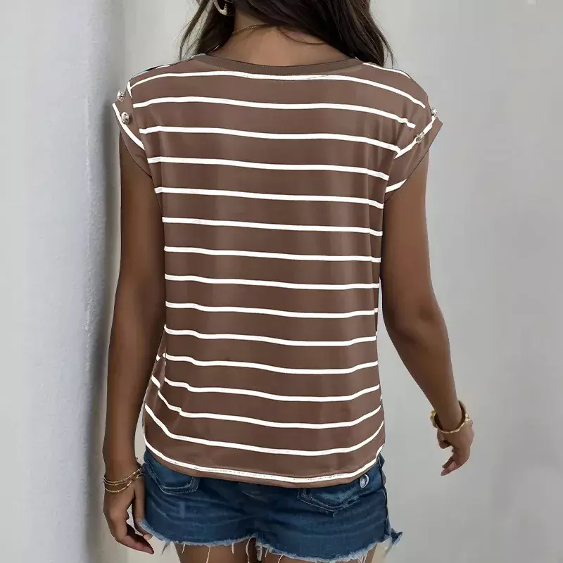 Camiseta casual sem mangas listrada feminina, blusa com gola redonda, moda europeia e americana, nova, verão, 2024
