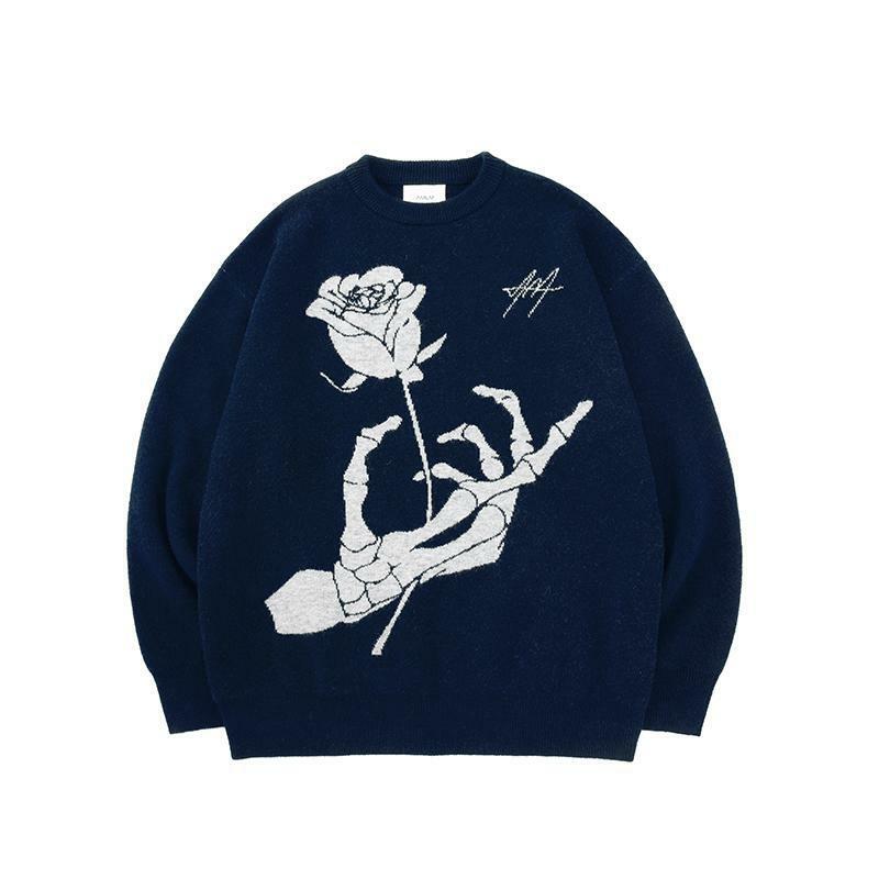 New Rose Skeleton Sweater Men's Autumn and Winter American Vintage Jacquard Loose and Lazy Couple Knitwear Men's and Women's