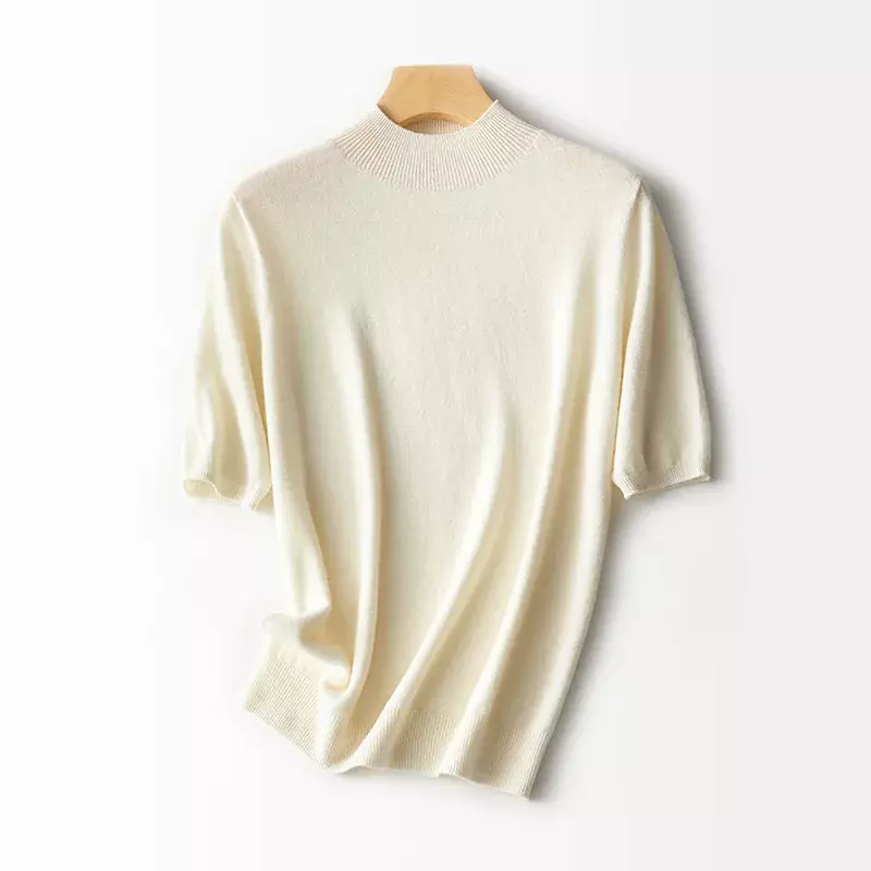 J019 t-shirt pullover in maglia a maniche medie a collo alto da donna