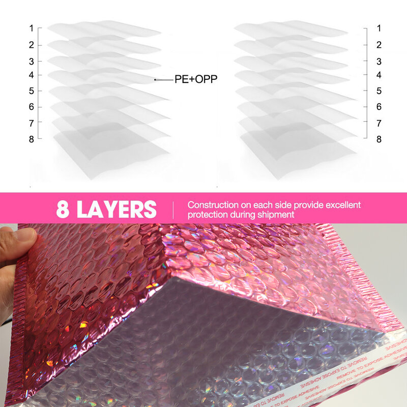 10 buah holografik Foil gelembung Mailer Makeup hadiah tas Glamour kemasan berwarna-warni gelembung Mailer empuk pengiriman amplop
