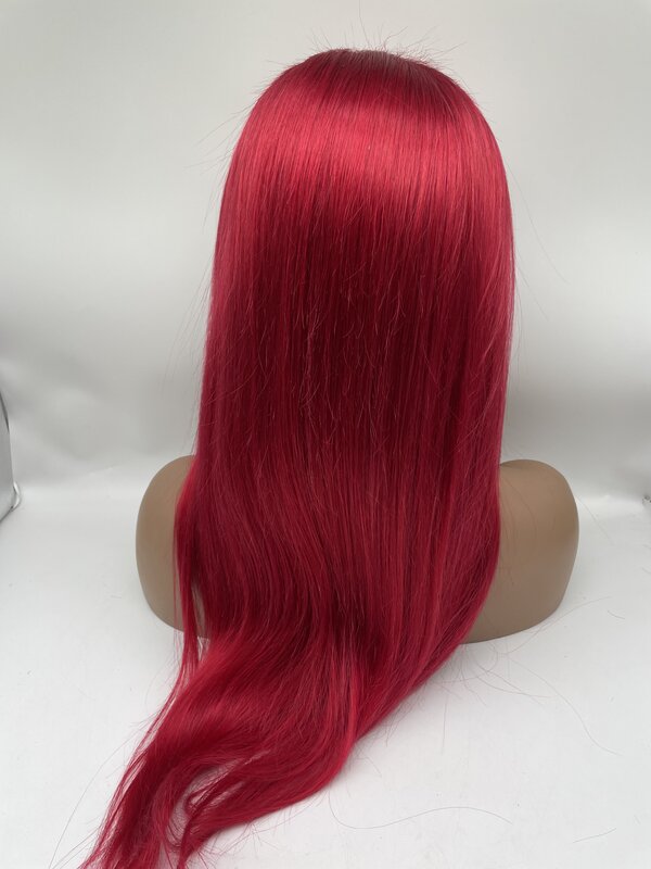 N.L.W-Peluca de cabello humano liso de 13x4 para mujer, postizo de encaje frontal, corte Bob corto, color rojo, 20 pulgadas, 180% de densidad
