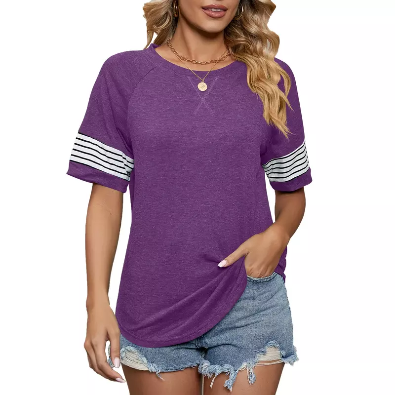 Mulheres manga curta sólida em torno do pescoço Stripe T Shirt Tops para o verão