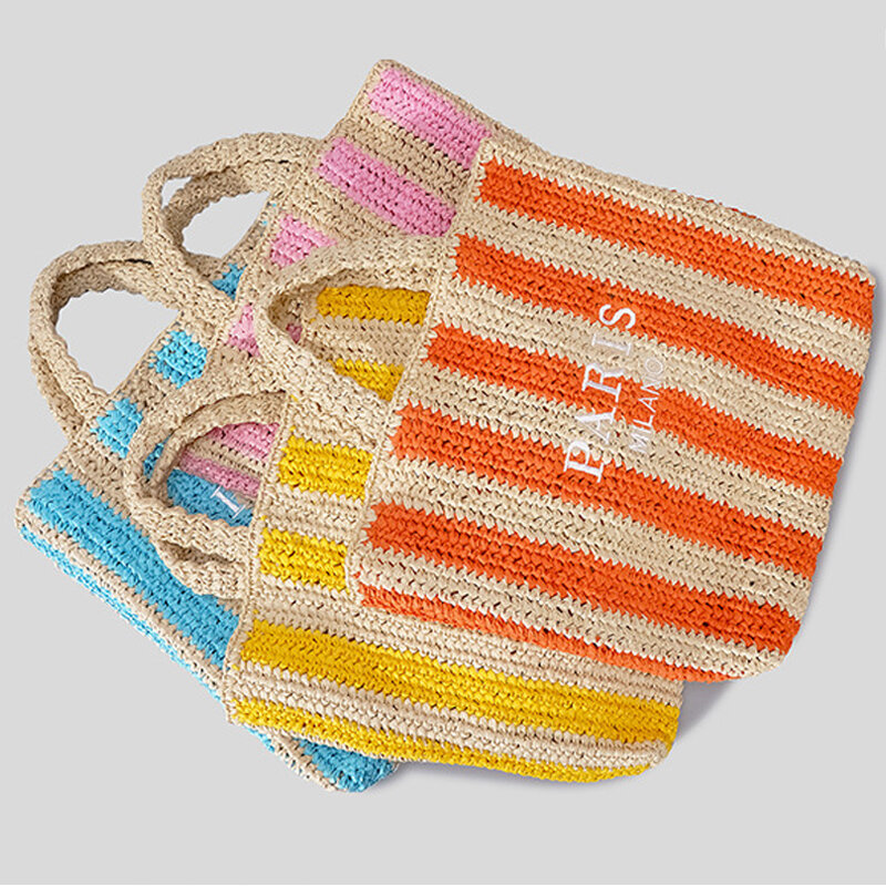 Bolso de mano informal a rayas para mujer, bolsa de paja tejida con letras de diseñador, hecho a mano, bolso de playa de verano, bolso grande de viaje Bali, 2024