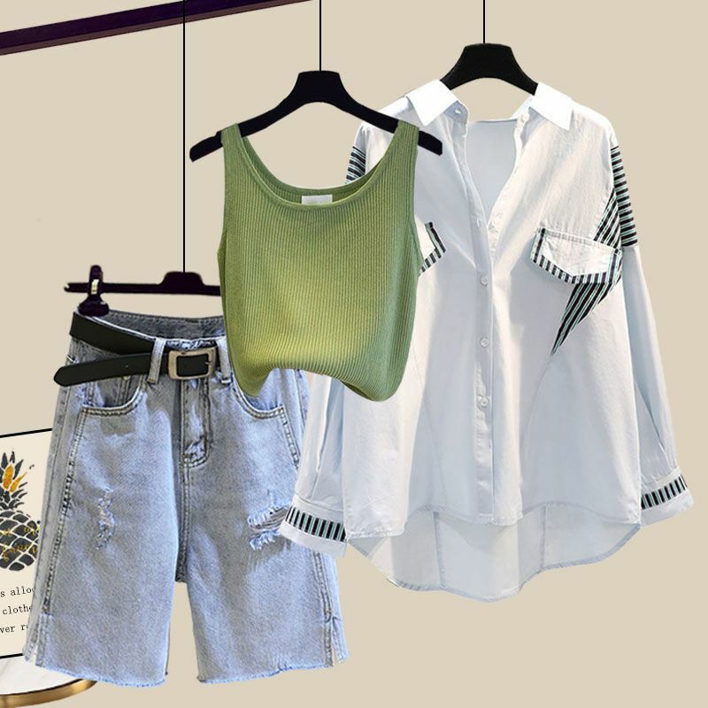Shorts jeans edição coreana feminina, camisa justa, versátil, conjunto de 3 peças, estilo ocidental, verão, novo, 2024