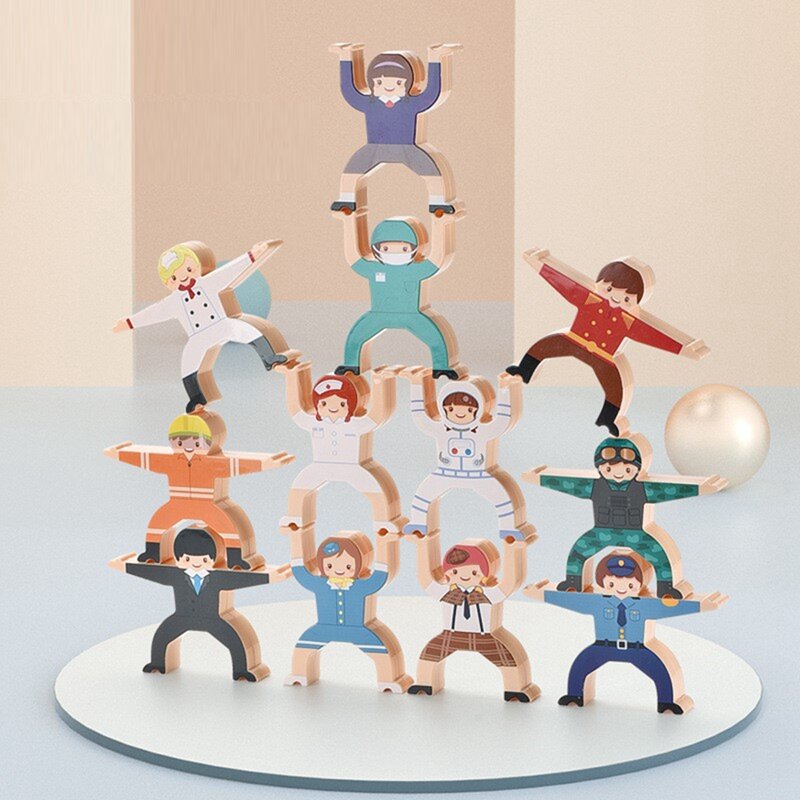Set mainan balok susun edukasi balita, pekerjaan keseimbangan blok bangunan karakter permainan susun kayu untuk anak-anak