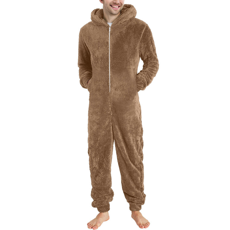 Pijama de lana Artificial de manga larga para hombre, ropa de dormir informal de cuerpo completo, mono holgado con capucha, Rompe cálido de invierno