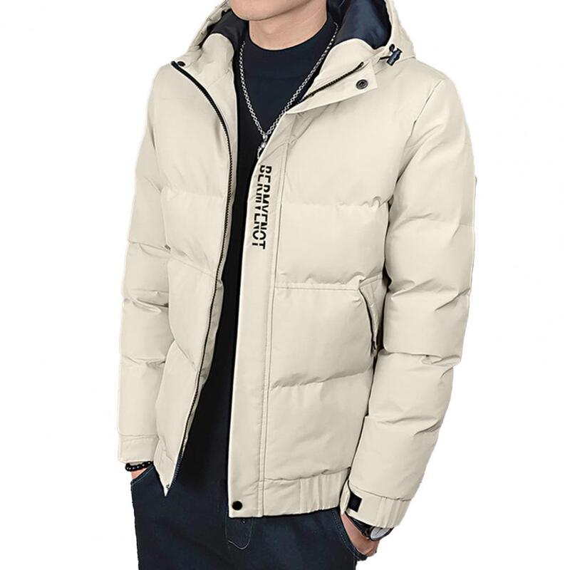 Однотонное пальто, теплое уютное хлопковое пальто, ветрозащитное мужское зимнее хлопковое пальто средней длины с капюшоном и карманами на молнии, теплое
