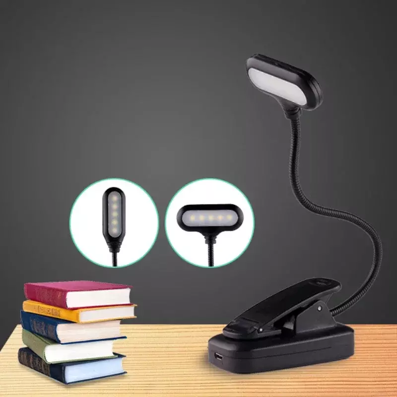 LED 눈 보호 책 야간 조명, 조정 가능한 미니 클립온 스터디 데스크 램프, 배터리 충전 유연함, 여행 침실 독서용