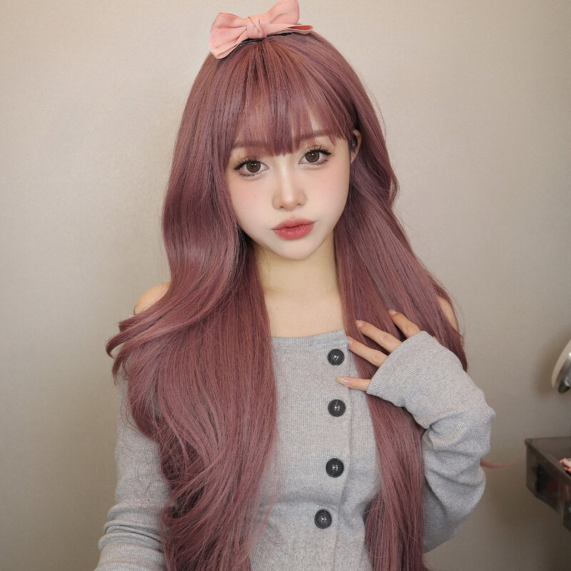 Long Purple  Women Long Wavy Fluffy Curly Heat Resistant Full Bang Girls Wig Purple Synthetic Hair for Party Cosplay Daily Use