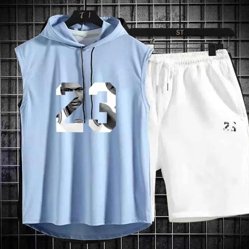 Conjunto de duas peças de treino masculino, camiseta e shorts de manga curta, camiseta com capuz, terno esportivo, moda casual, novo, verão