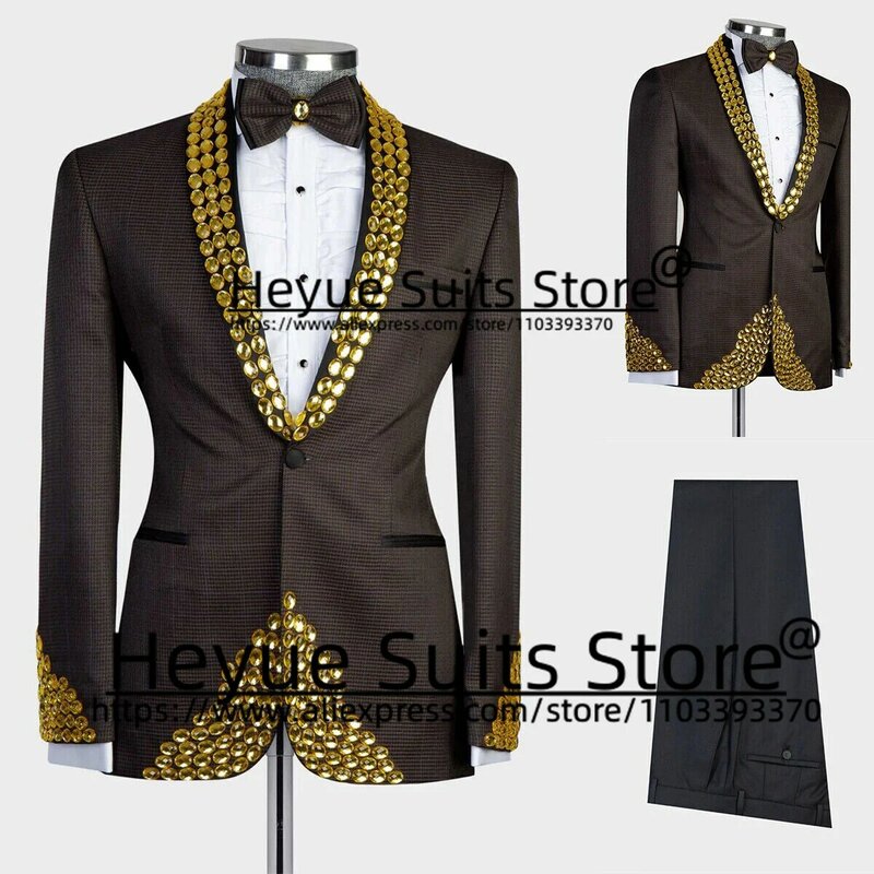 Роскошный мужской коричневый костюм для ужина, приталенный деловой костюм из двух предметов с шалью и отворотом, элегантный мужской костюм из Блейзера