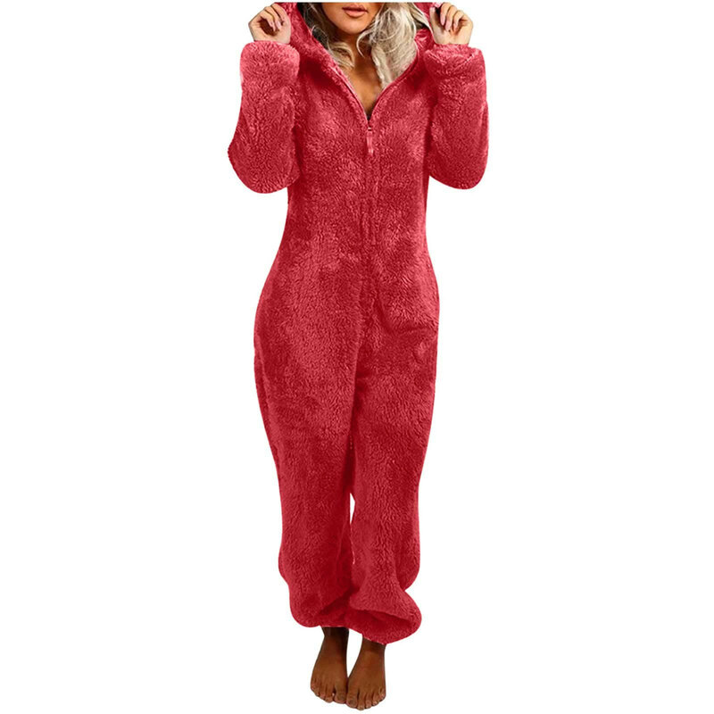 Женский комбинезон с длинным рукавом, комбинезон с капюшоном, пижама, повседневный зимний теплый комбинезон, одежда для сна, флисовая однотонная одежда для сна, ночная рубашка