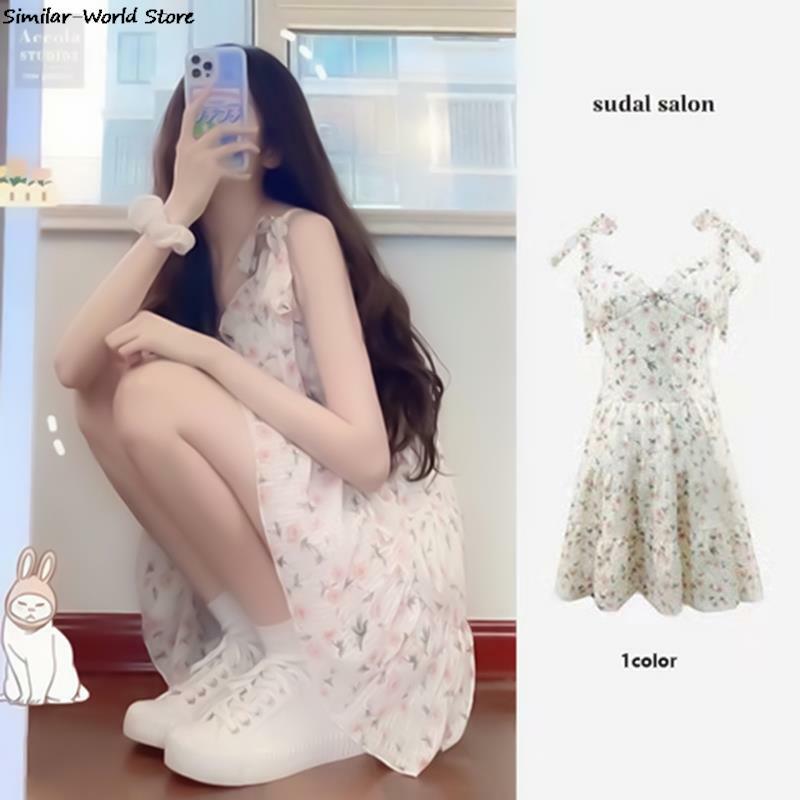 Gaun Sling motif bunga gaun Bodycon leher V Wanita gaun Mini musim panas 2023 tren pelangsing seksi elegan Mode Korea wanita