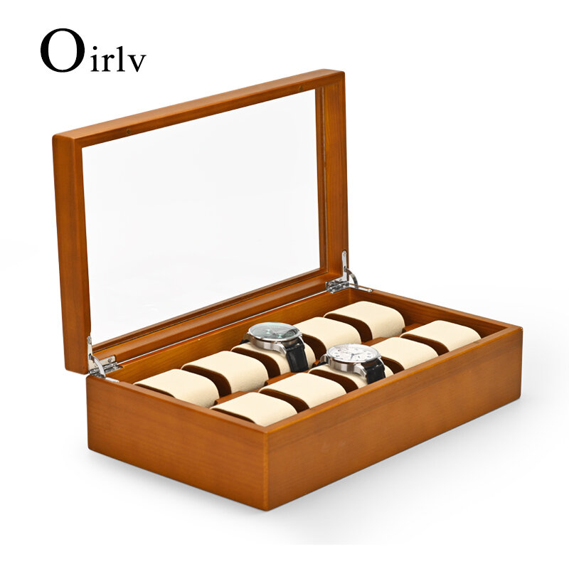 Oirlv 10 grades de madeira maciça jóias organizador caixa de relógio titular de armazenamento caixa de exibição para o homem feminino regalos para hombre