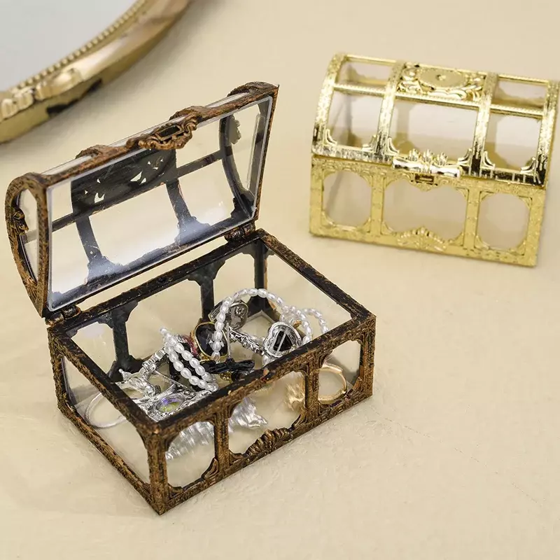 Caja de almacenamiento de tesoro pirata transparente para mujer, organizador Vintage de pendientes, joyas de gemas de cristal, baratija, vitrina de viaje