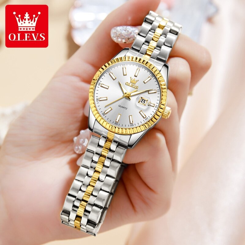 OLEVS-Relógio Quartzo Feminino, Aço Inoxidável, Impermeável, Calendário Luminoso, Relógios Vestido de Luxo, Nova Marca de Moda, 2024