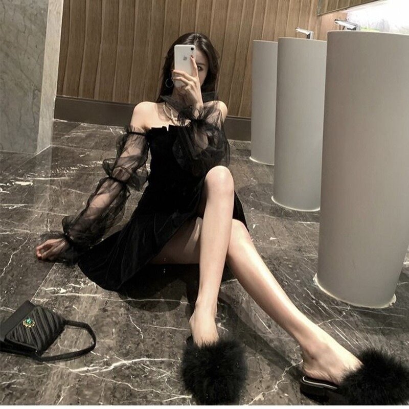 ใหม่2022สีดำย้อนยุคผู้หญิงลูกไม้ชีฟองชุดมินิเดรสหญิง High Street เซ็กซี่ MODE Korea ชุดผู้หญิงชุดคลับ