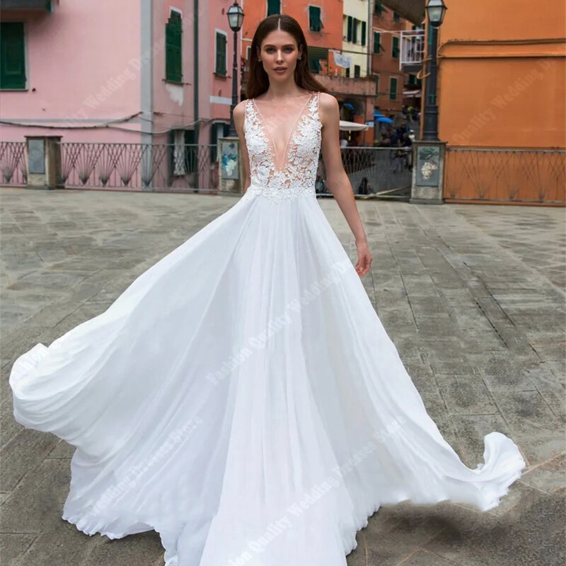 Gaun pernikahan V rendah Vintage halus panjang pel gaun pengantin A-Line 2024 gaun pengantin renda Formal motif bunga Vestidos De Novias