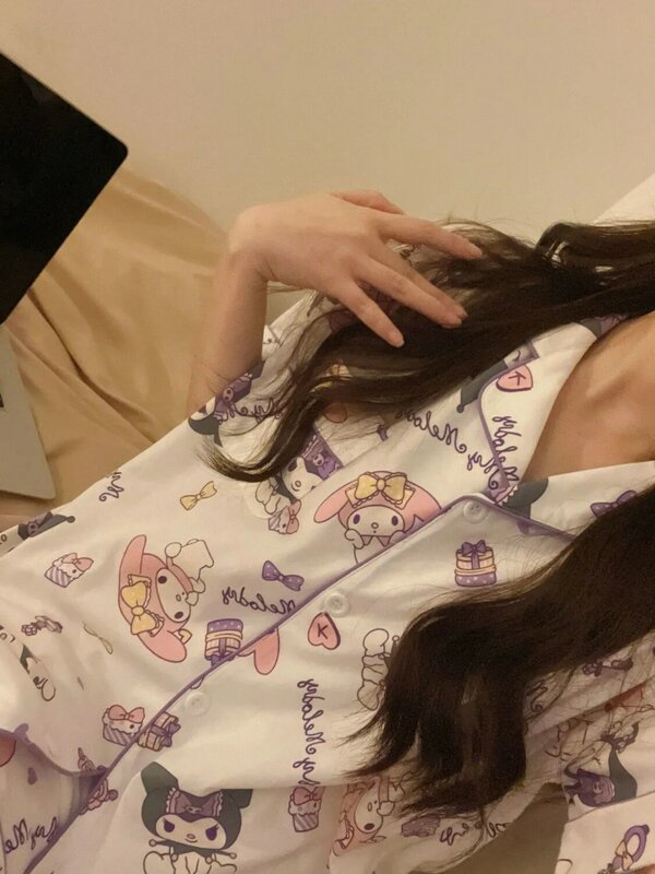 Pijama de Sanrio Kuromi para mujer, ropa de dormir de manga larga con estampado de melodía, moda coreana, Conjunto de pijama de dibujos animados, Y2k, Primavera, nuevo