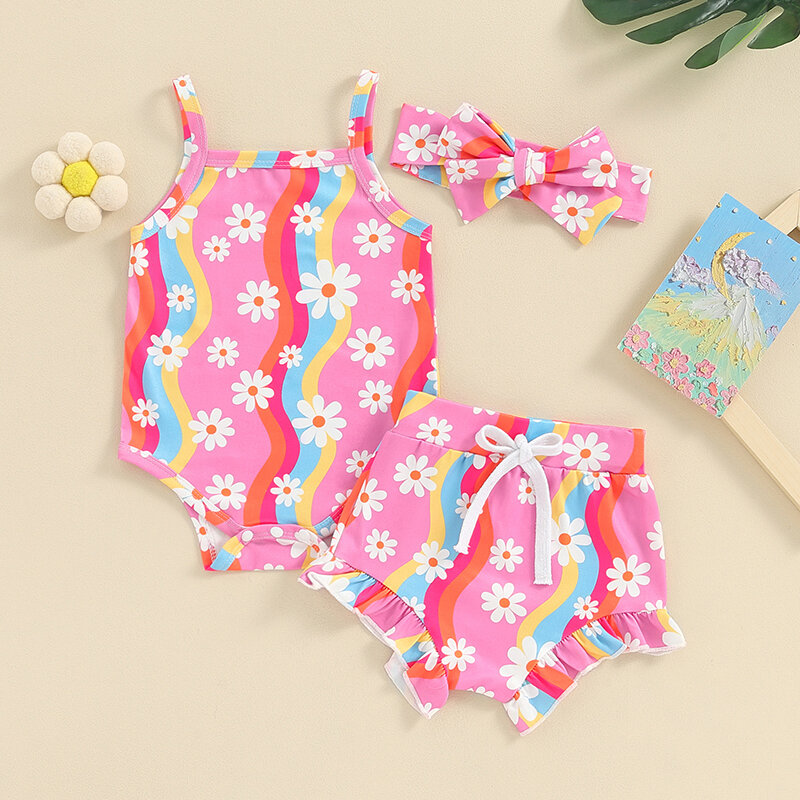 Set pakaian bayi perempuan baru lahir, bodysuit musim panas tali serut kerut tanpa lengan cetak bunga