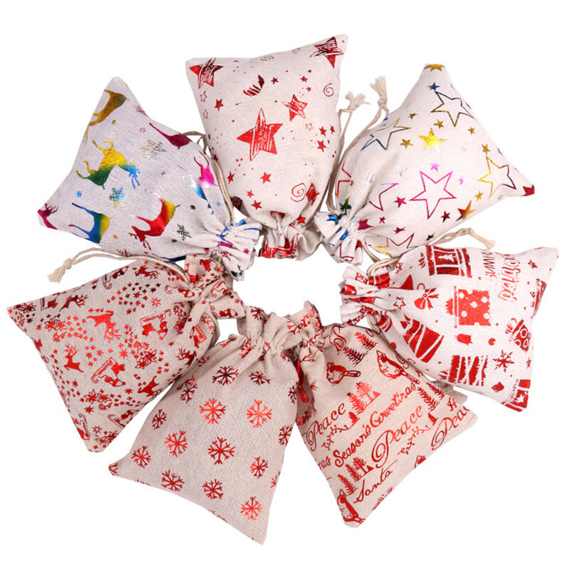 1pc Leinen Weihnachten Baumwoll taschen 10x14cm Süßigkeiten Geschenke Schmuck Verpackung Taschen Party Kordel zug Geschenkt üte & Beutel