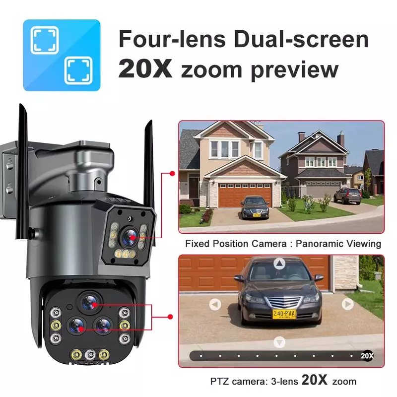 كاميرات مراقبة فيديو لاسلكية خارجية ، أمان منزلي ذكي ، كاميرا 4 عدسات ccv ، 8K ، 16mp WiFi IP ، 20X Zoom ، PTZ