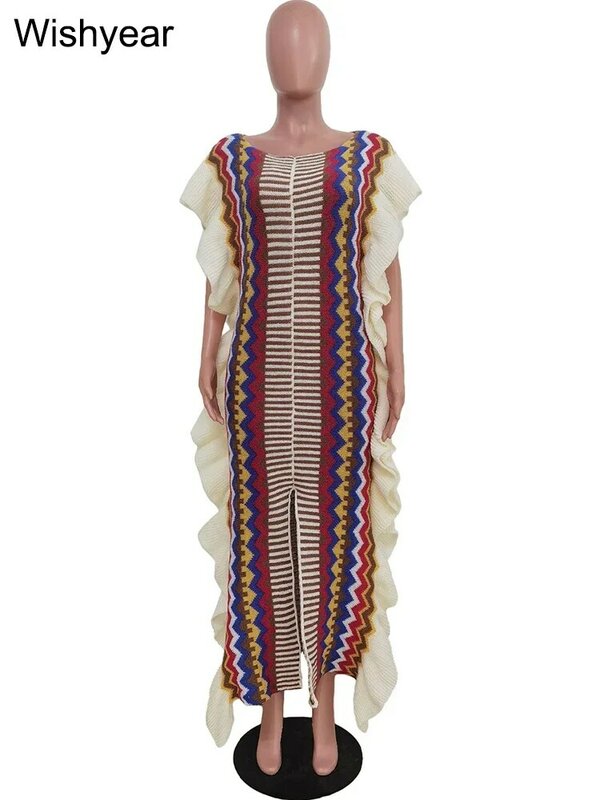 Winter Streetwear Striped Ruffles Knitted Loose Birthday Maxi Dress for Women O Neck Sleeveless Split Smock Festivals Long Robes